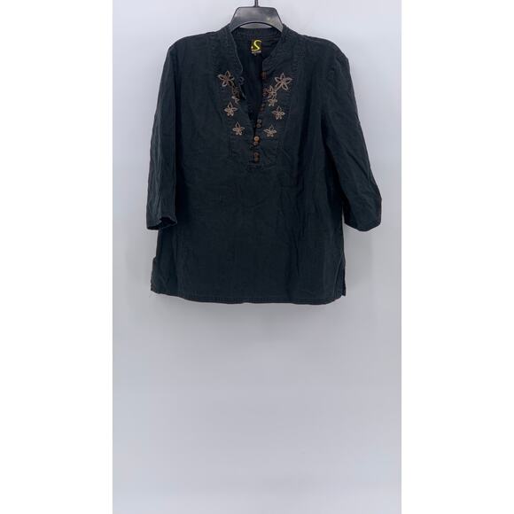 SPORTELLE Women's Black Floral Embroidered 3/4 Sleeve Pullover Top SZ M - Picture 1 of 9